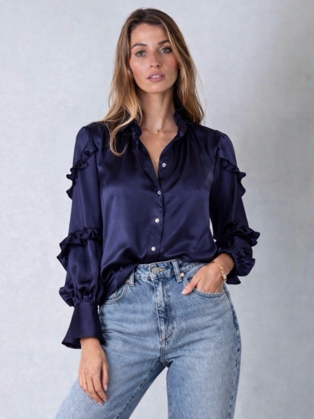 Bailey 44 Navy Satin Ruffle Sleeve Blouse – Button Down | Size S